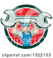 Clipart Of A Cartoon White Male Mechanic Holding Up A Giant Spanner Wrench And Emerging From A Green White And Red Circle Royalty Free Vector Illustration by patrimonio