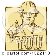 Clipart Of A Retro Sketched Or Engraved Construction Worker Pointing Over You Text Royalty Free Vector Illustration