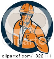 Retro Male Construction Worker Giving A Thumb Up In A Navy Blue And Tan Circle