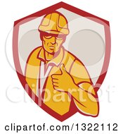 Retro Male Construction Worker Giving A Thumb Up In A Red And Taupe Shield