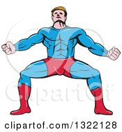 Clipart Of A Cartoon Muscular Male Super Hero Squatting And Flexing Royalty Free Vector Illustration