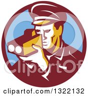 Poster, Art Print Of Retro Male Police Officer Using A Speed Radar Camera In Maroon And Blue Circle