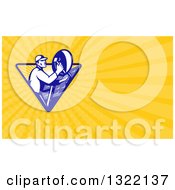 Clipart Of A Retro Male Satellite Installer Adjusting A Dish And Yellow Rays Background Or Business Card Design Royalty Free Illustration