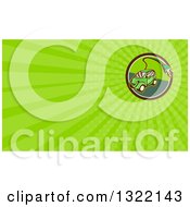 Clipart Of A Retro Cartoon Hybrid Electric Car With A Plug In A Circle And Green Rays Background Or Business Card Design Royalty Free Illustration