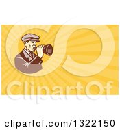 Poster, Art Print Of Retro Male Movie Director Using A Bullhorn And Orange Rays Background Or Business Card Design