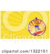 Poster, Art Print Of Retro Male Marathon Runner Over A Sunset And Yellow Rays Background Or Business Card Design