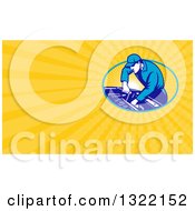 Clipart Of A Retro Car Mechanic Working On An Engine And Orange Rays Background Or Business Card Design Royalty Free Illustration