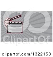 Poster, Art Print Of Cartoon Hand Holding A Clapperboard And Gray Rays Background Or Business Card Design 2