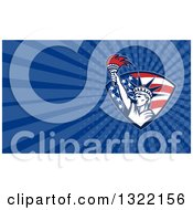 Clipart Of A Retro Statue Of Liberty Holding A Torch In An American Shield And Dark Blue Rays Background Or Business Card Design Royalty Free Illustration by patrimonio