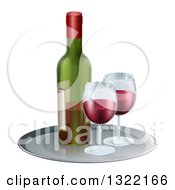 3d Tray With Glasses Of Red Wine And A Bottle