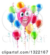 Poster, Art Print Of 3d Pink Smiling Birthday Balloon Character With Other Balloons And Ribbons