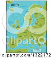 Poster, Art Print Of Green Map Of Europe With Country Names And Capital Cities