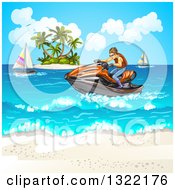 Poster, Art Print Of Brunette White Man Riding A Red Jetski On The Ocean Near An Island And Beach