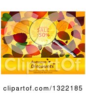 Clipart Of A Magnifying Glass With Half Off Over Autumn Leaves And Sample Text On A Panel Royalty Free Vector Illustration