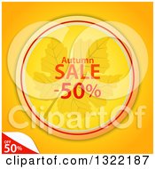 Poster, Art Print Of Circular Autumn Leaf And Half Off Sale Tag With A Peeling Corner On Orange