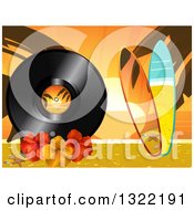 Tropical Beach At Sunset With 3d Surf Boards Palm Tree Branches Hibiscus Flowers And A Vinyl Record