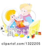 Poster, Art Print Of Cat And Blond Caucasian Boy Listening To Granny Reading A Bedtime Story