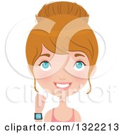 Clipart Of A Happy Blue Eyed Caucasian Woman In Fitness Apparel Showing Her Sports Watch Royalty Free Vector Illustration