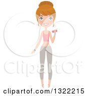 Clipart Of A Full Length Happy Blue Eyed Caucasian Woman In Fitness Apparel Working Out With A Dumbbell Royalty Free Vector Illustration