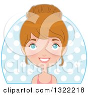 Clipart Of A Happy Blue Eyed Caucasian Woman In Fitness Apparel Smiling Over Polka Dots Royalty Free Vector Illustration