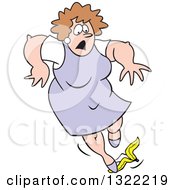 Cartoon Caucasian Matron Woman Tripping On A Banana Peel