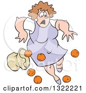 Cartoon Caucasian Matron Woman Tripping And Dropping A Bag Of Oranges