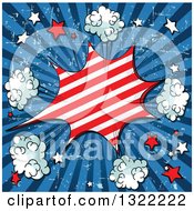 Poster, Art Print Of Comic Styled Patriotic Fourth Of July Burst With Stars And Puffs On Blue Grungy Rays