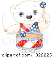 Poster, Art Print Of Cute Patriotic American Polar Bear Cub Playing Drums