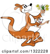 Poster, Art Print Of Cartoon Kangaroo Holding Flowers And Hopping With A Joey In Her Pouch