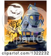 Poster, Art Print Of Haunted Halloween House With A Full Moon And Bats Against An Orange Sunset