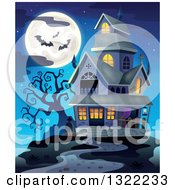 Poster, Art Print Of Haunted Halloween House With A Full Moon And Bats Against A Dusk Sky