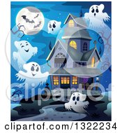 Poster, Art Print Of Haunted Halloween House With Ghosts And A Full Moon