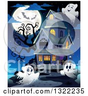 Poster, Art Print Of Haunted Halloween House With Ghosts A Dead Tree Bats And A Full Moon