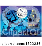 Poster, Art Print Of Haunted Halloween House With A Cemetery Dead Tree Full Moon Jackolanterns And Bats Against A Dusk Sky