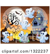 Poster, Art Print Of Haunted Halloween House With Ghosts A Tombstone Spooky Tree And Full Moon