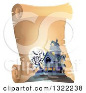 Poster, Art Print Of Haunted Halloween House With A Full Moon And Bats On A Parchment Scroll