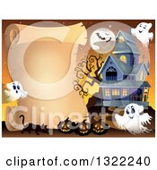 Poster, Art Print Of Haunted Halloween House With Ghosts Bats A Full Moon Cat And Jackolanterns By A Parchment Scroll