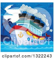 Clipart Of A Cartoon Cruise Ship With Steam By A Tropical Island Under A Full Moon At Night Royalty Free Vector Illustration by visekart