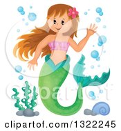Poster, Art Print Of Happy Caucasian Female Mermaid Waving With Bubbles