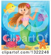 Poster, Art Print Of Happy Caucasian Female Mermaid Waving Surrounded By Sea Creatures