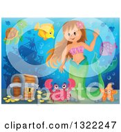 Poster, Art Print Of Happy Caucasian Female Mermaid Waving By A Treasure Chest Surrounded By Sea Creatures