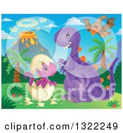 Poster, Art Print Of Pterodactyl Over Purple Dinosaurs One Hatching In A Volcanic Landscape