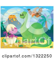 Poster, Art Print Of Happy Green Apatosaurus Dinosaur And Pterodactyl With A Hatchling