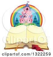 Pink Fairy Tale Castle And Rainbow Over An Open Book