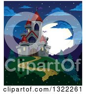 Clipart Of A Full Moon Behind A Fairy Tale Castle On A Hill Royalty Free Vector Illustration