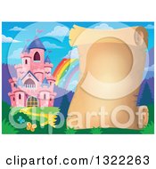 Clipart Of A Pink Fairy Tale Castle Blank Parchment Scroll Over A Rainbow And Spring Landscape Royalty Free Vector Illustration