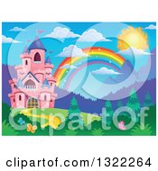Poster, Art Print Of Pink Fairy Tale Castle And Rainbow In A Spring Landscape