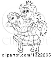 Lineart Clipart Of A Black And White Horseback Princess Royalty Free Outline Vector Illustration