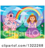 Poster, Art Print Of Pink Fairy Tale Castle Princess And Rainbow In A Spring Landscape