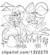 Poster, Art Print Of Black And White Fairy Flying Over A Mushroom
